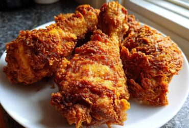 Close-up of several pieces of golden brown, crispy air fryer fried chicken piled on a white plate.