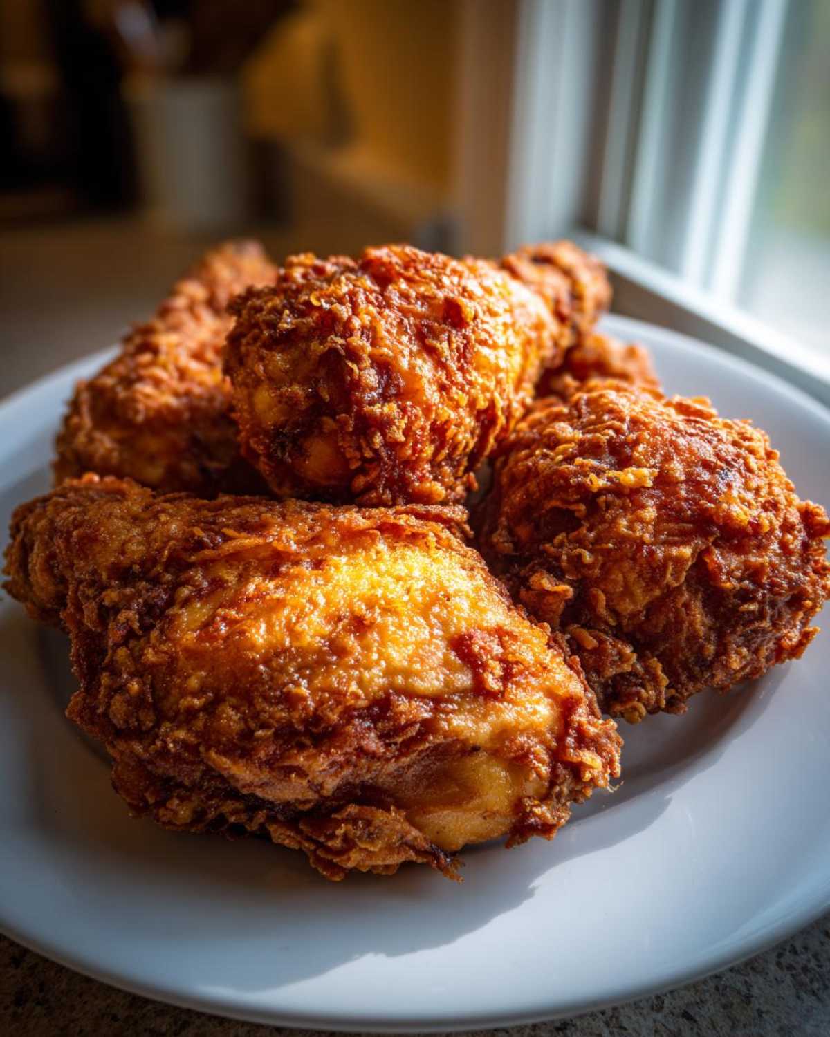 Close-up of several pieces of golden brown, crispy air fryer fried chicken stacked on a white plate.
