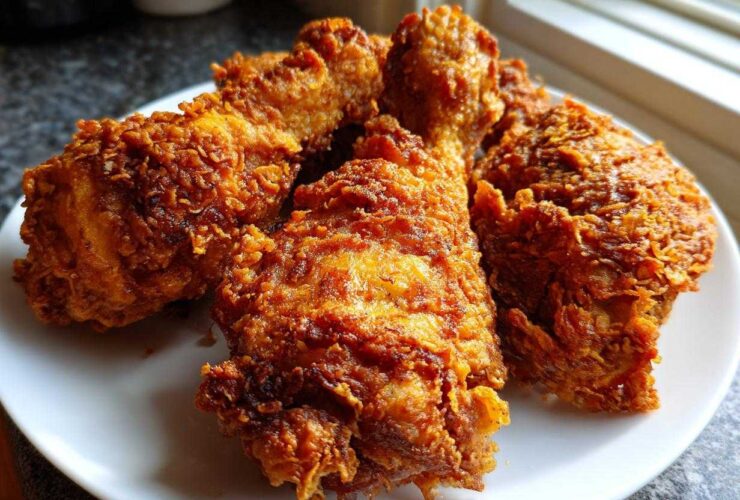 Close-up of several pieces of golden brown, crispy air fryer fried chicken piled on a white plate.