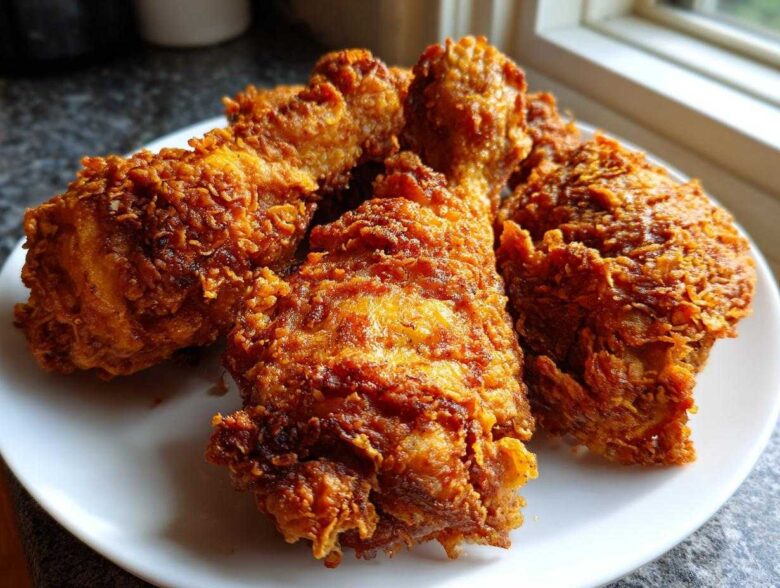Close-up of several pieces of golden brown, crispy air fryer fried chicken piled on a white plate.