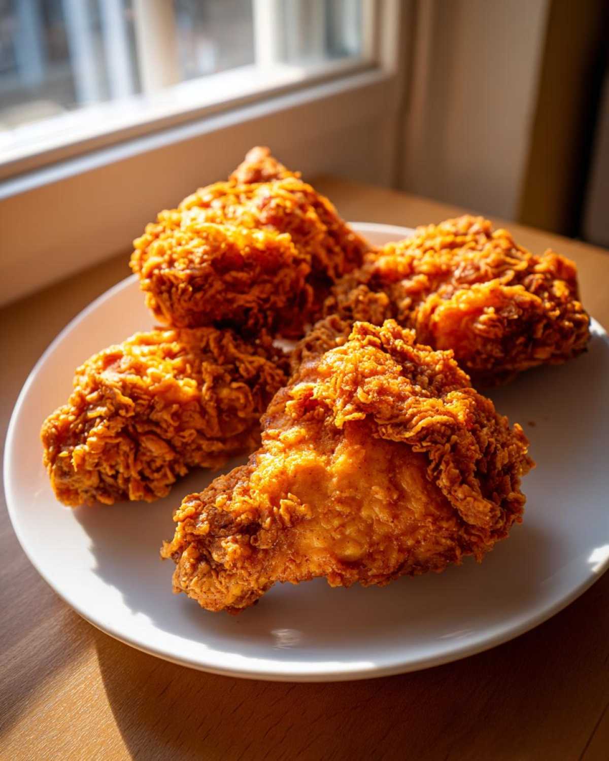 Four pieces of golden brown, crispy air fryer fried chicken served on a white plate near a window.
