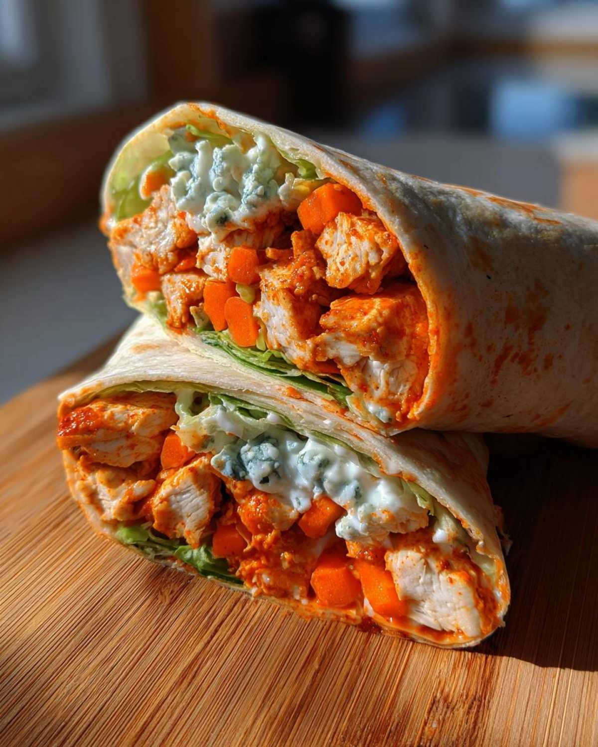 Cross-section view of a delicious buffalo chicken wrap showing chunks of orange-sauced chicken, carrots, lettuce, and blue cheese dressing.