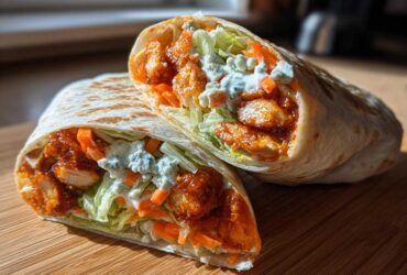 Close-up of a crispy buffalo chicken wrap cut in half, showing spicy chicken, lettuce, carrots, and blue cheese dressing.