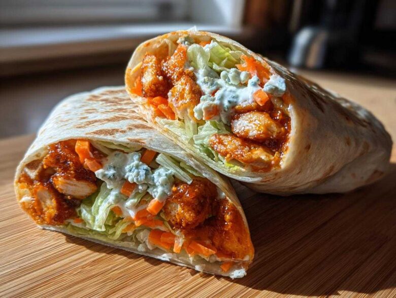Close-up of a crispy buffalo chicken wrap cut in half, showing spicy chicken, lettuce, carrots, and blue cheese dressing.