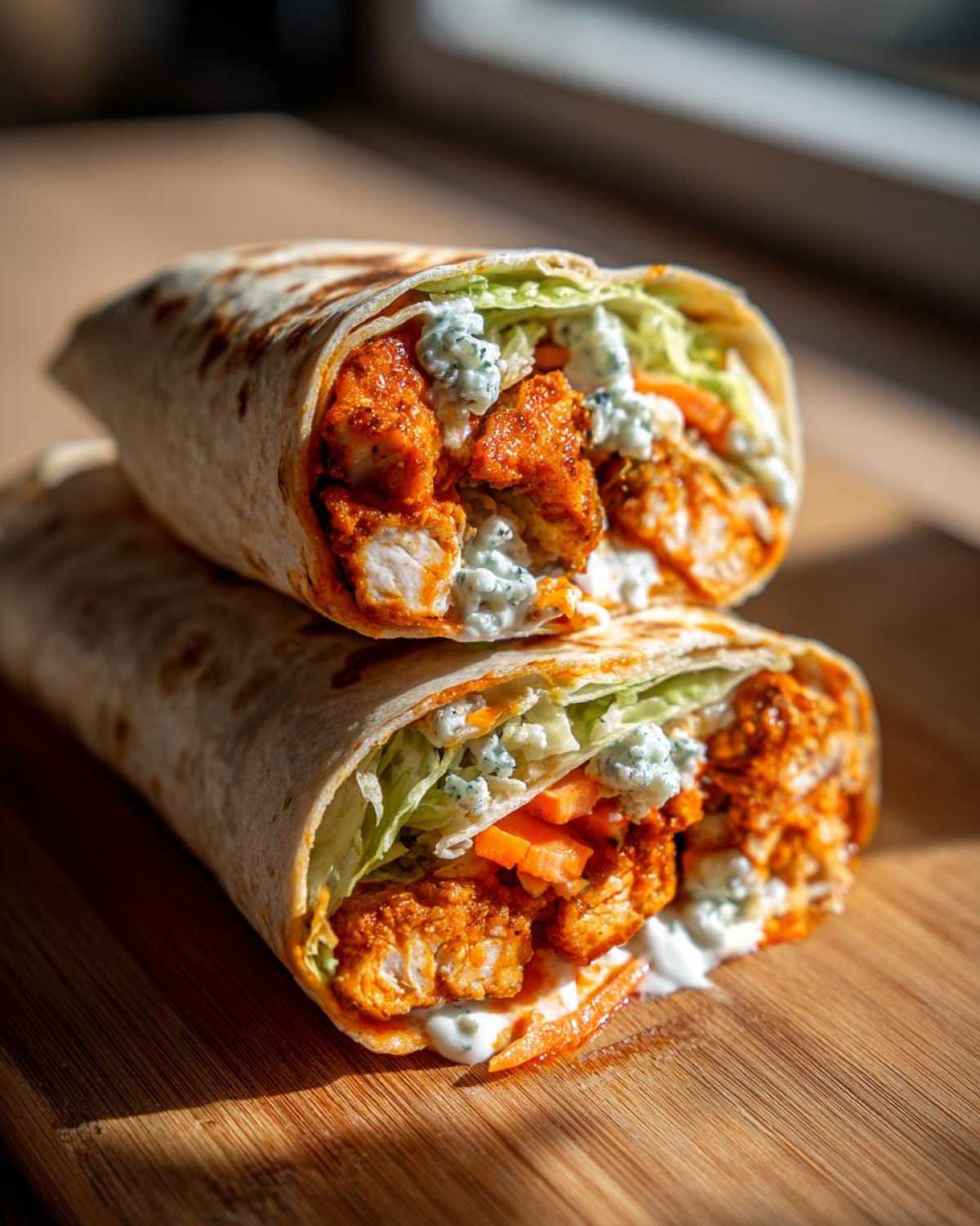 Two halves of a crispy buffalo chicken wrap stacked, showing spicy chicken, lettuce, carrots, and blue cheese dressing.