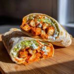 Two halves of a crispy buffalo chicken wrap stacked, showing chunks of orange buffalo chicken, lettuce, and blue cheese dressing.
