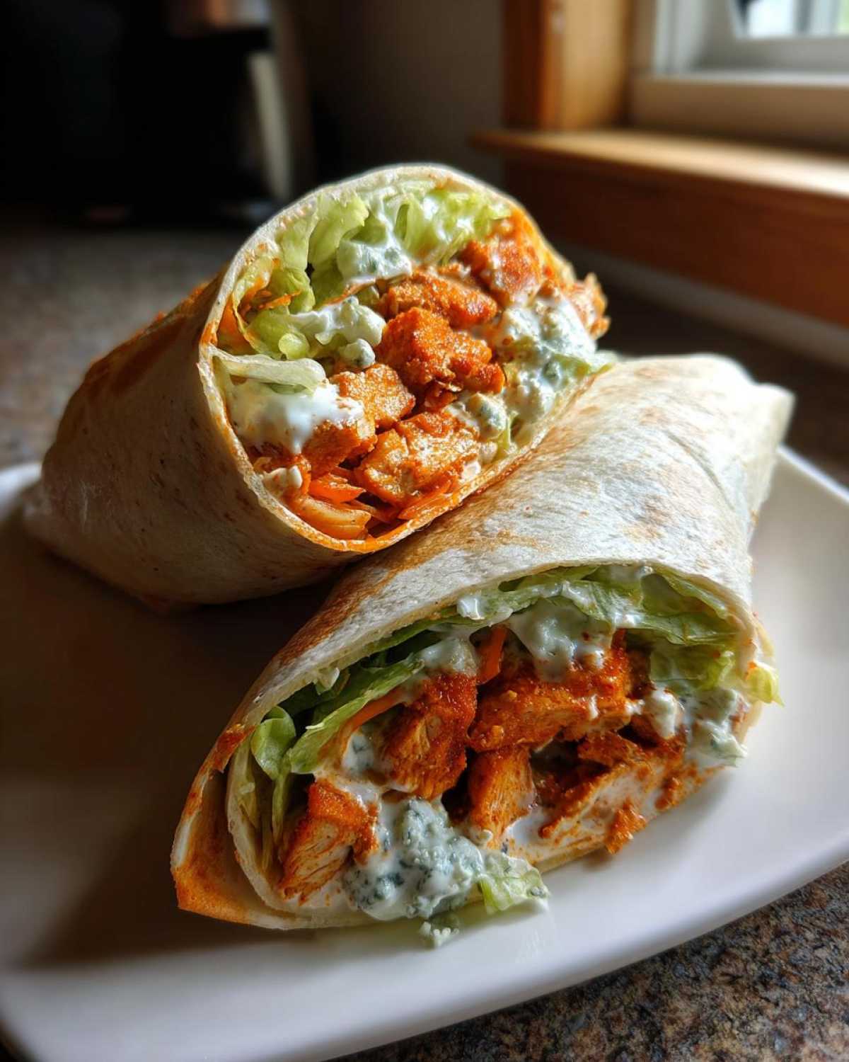 Two halves of a crispy buffalo chicken wrap, showing spicy chicken, lettuce, and blue cheese dressing.