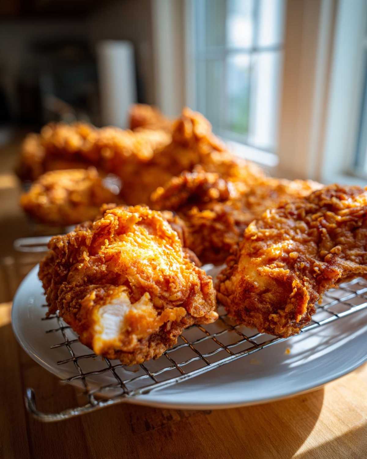Close-up of golden brown, crispy fried chicken pieces resting on a wire rack over a white plate.