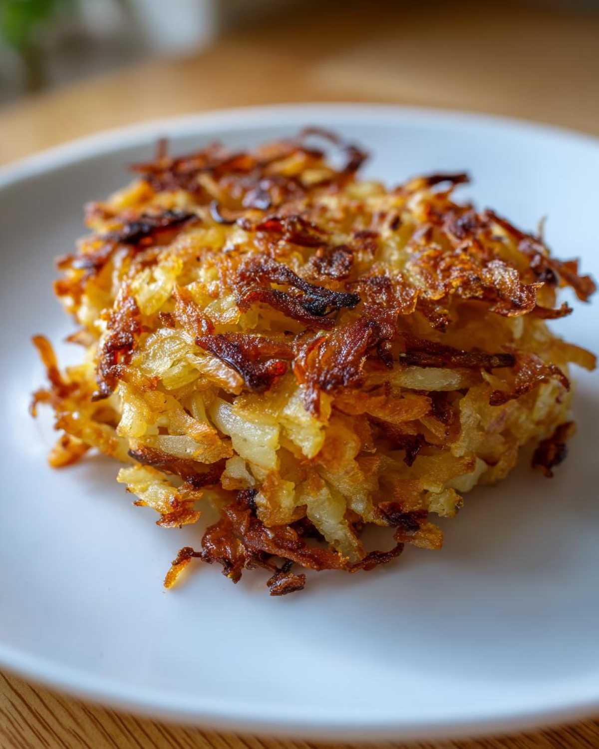 A golden brown, crispy patty of shredded fried potatoes served on a white plate.