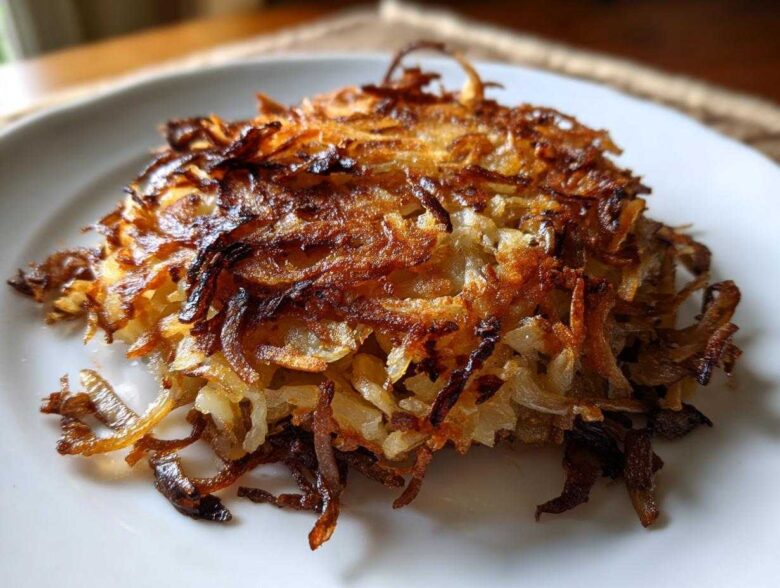 Close-up of a golden-brown, crispy patty of fried potatoes on a white plate.