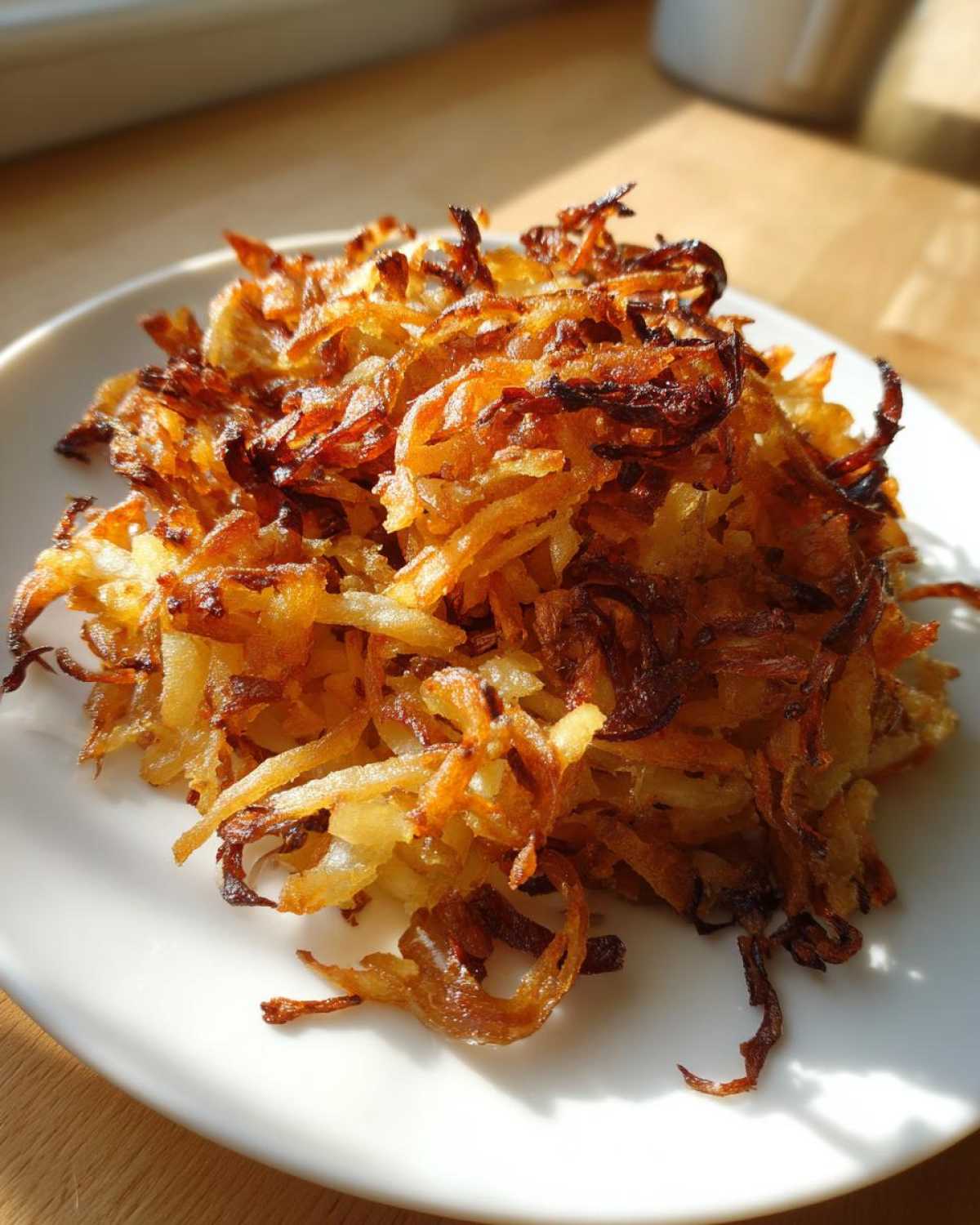A golden brown pile of crispy shredded fried potatoes served on a white plate, catching the sunlight.