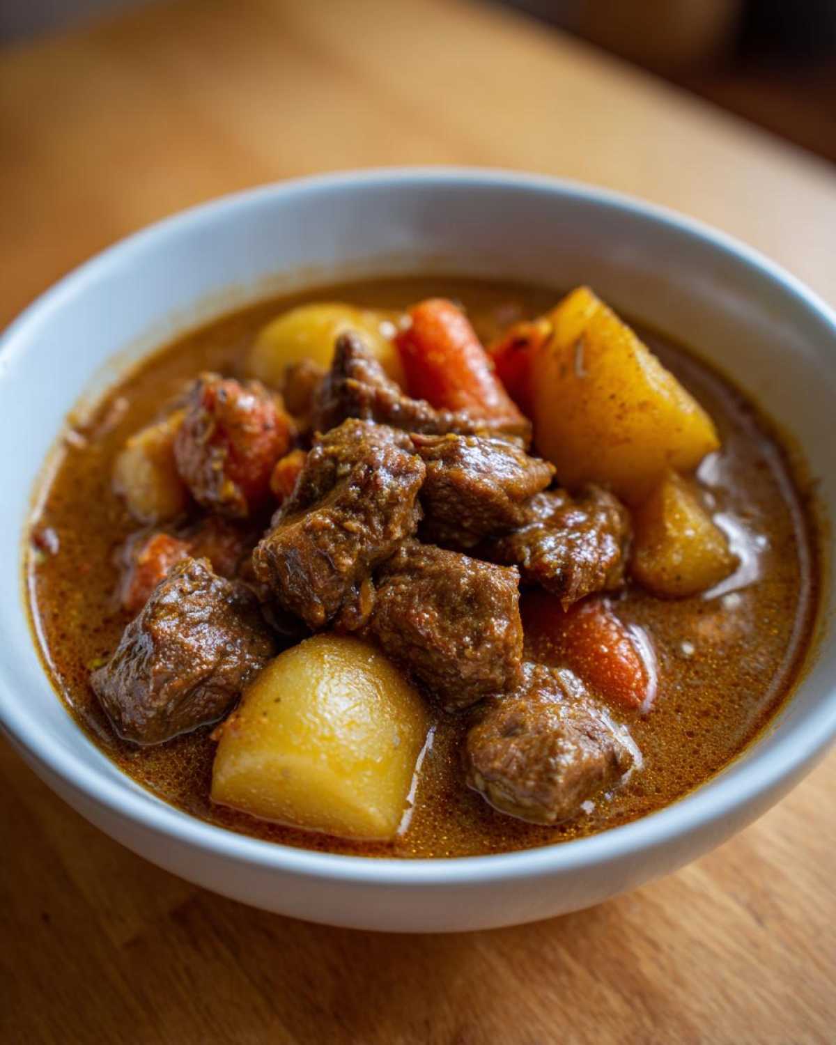 Close-up of a white bowl filled with rich, savory crockpot beef stew featuring tender beef chunks, potatoes, and carrots.