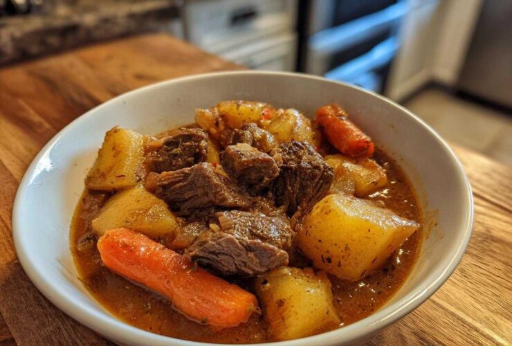 A close-up of a white bowl filled with tender chunks of beef, potatoes, and carrots in rich gravy from the crockpot beef stew.