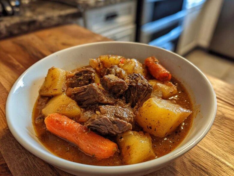 A close-up of a white bowl filled with tender chunks of beef, potatoes, and carrots in rich gravy from the crockpot beef stew.