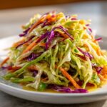 Close-up of a vibrant, crunchy cabbage salad featuring shredded green cabbage, red cabbage, and carrots tossed in a light dressing.