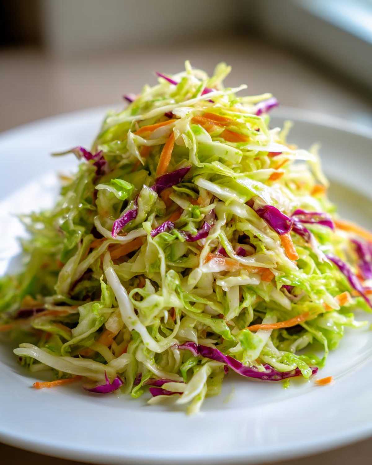 A close-up of a vibrant, crunchy cabbage salad with shredded green and purple cabbage and carrots on a white plate.