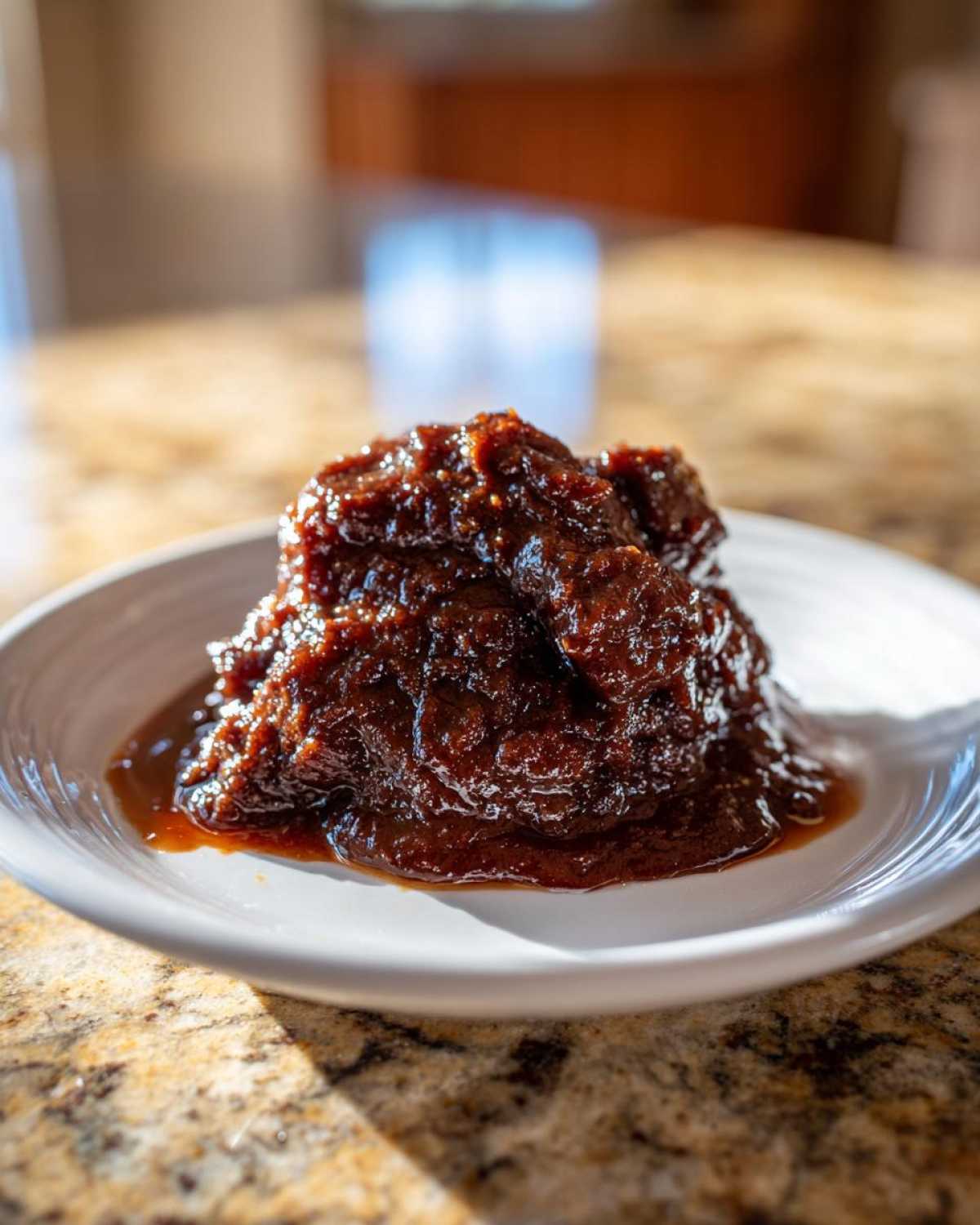 A thick, dark mound of homemade apple butter served on a small white plate, glistening in the sunlight.