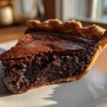 A close-up of a rich, dark slice of hot fudge pie showing a gooey center and flaky crust, sitting on a white plate.