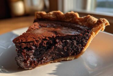 A close-up of a rich, dark slice of hot fudge pie showing a gooey center and flaky crust, sitting on a white plate.