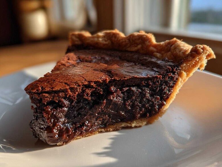 A close-up of a rich, dark slice of hot fudge pie showing a gooey center and flaky crust, sitting on a white plate.