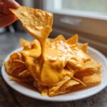 A hand dips a tortilla chip into a pile of nachos generously covered in thick, flowing nacho cheese sauce.
