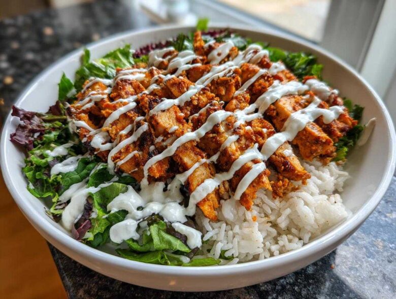 A close-up of a white bowl filled with white rice, mixed greens, and topped with sliced, spicy harissa chicken drizzled with white sauce.