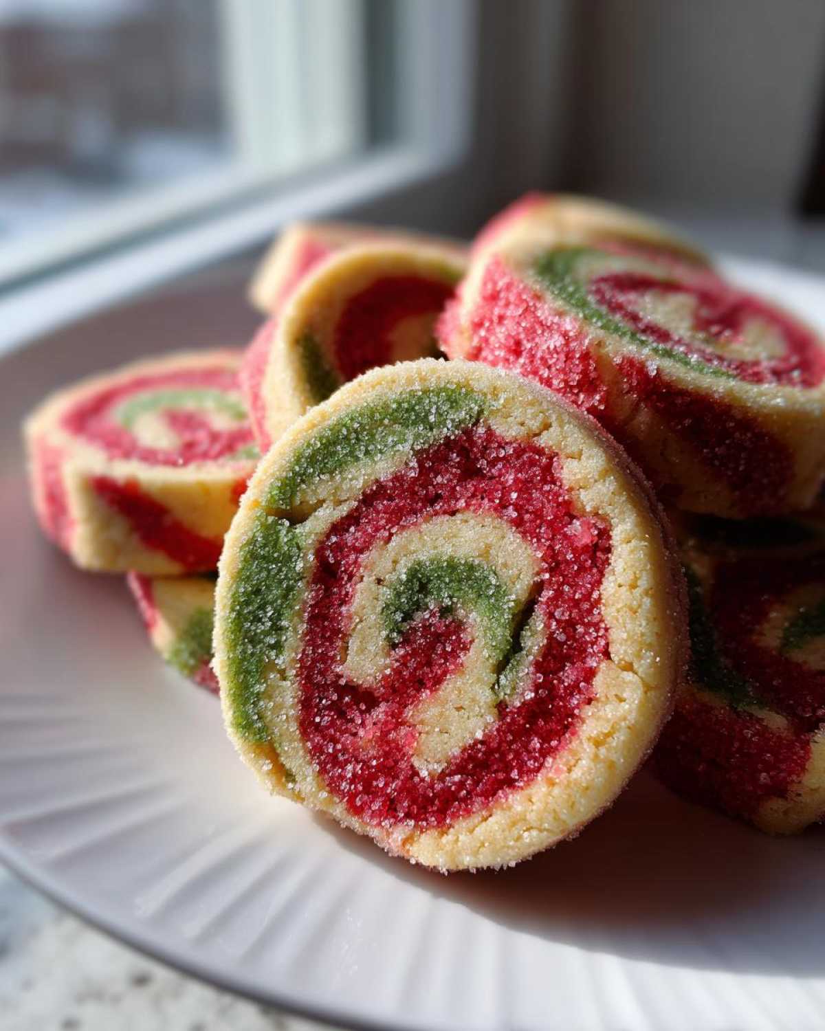 A stack of vibrant red, green, and white pinwheel cookies coated in sparkling sugar.