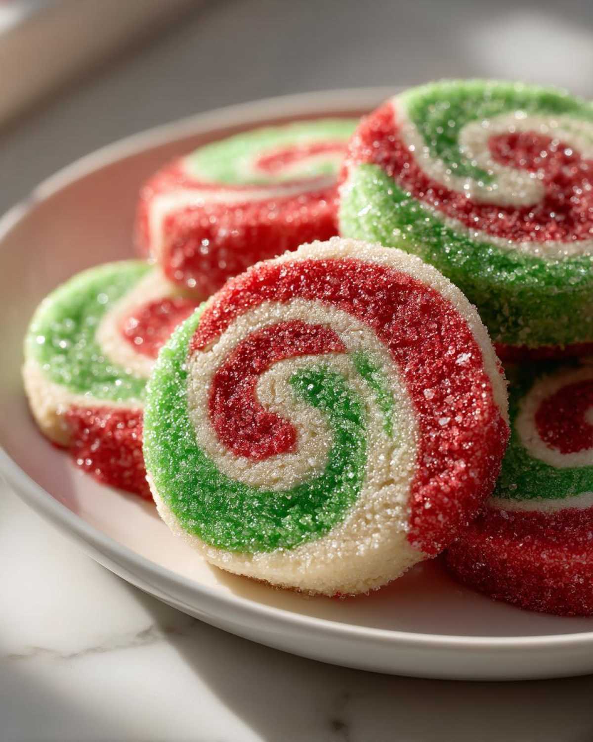 Close-up of several festive red, green, and white pinwheel cookies coated in sparkling sugar.