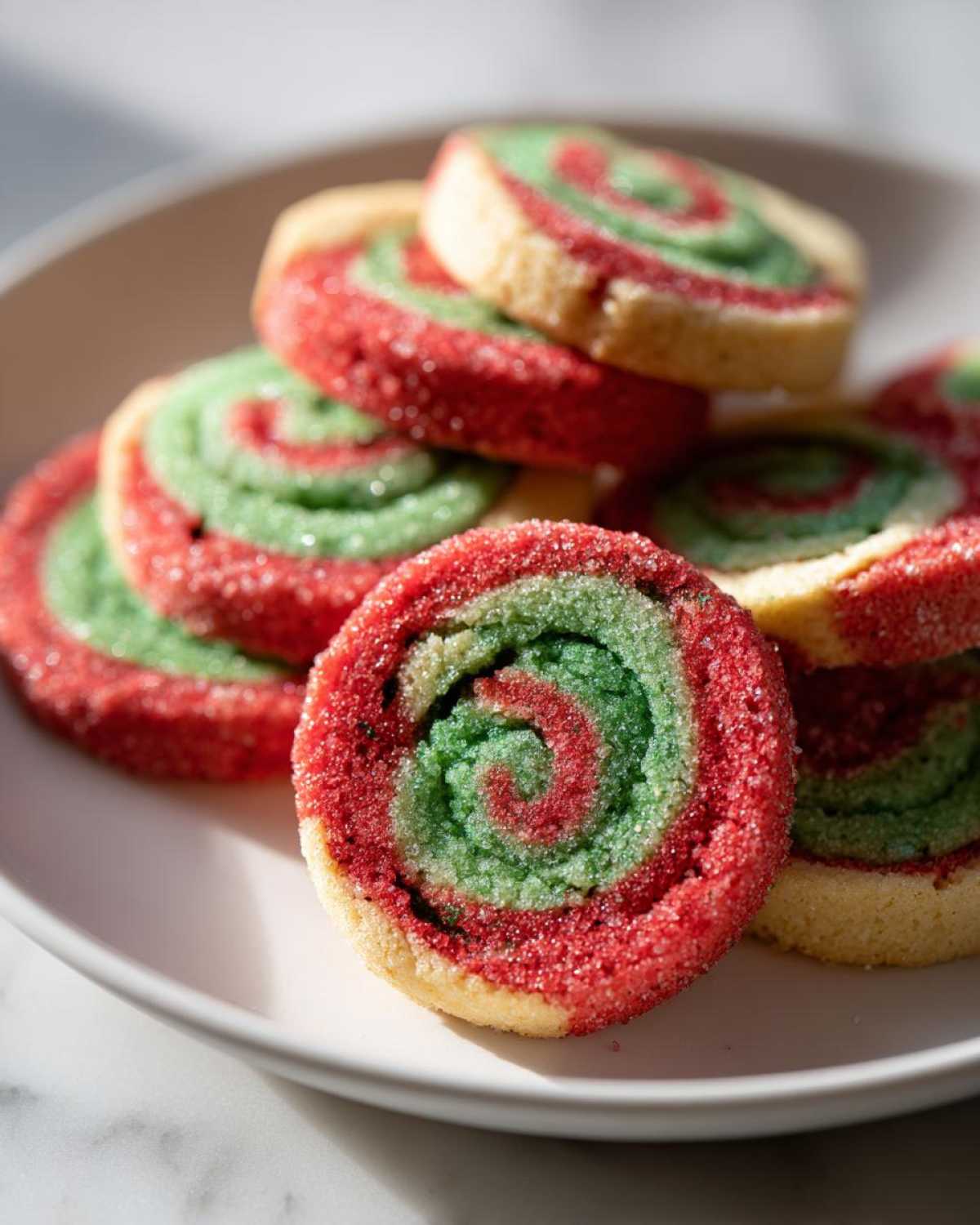 A stack of colorful red and green pinwheel cookies coated in sparkling sugar, ready to serve.