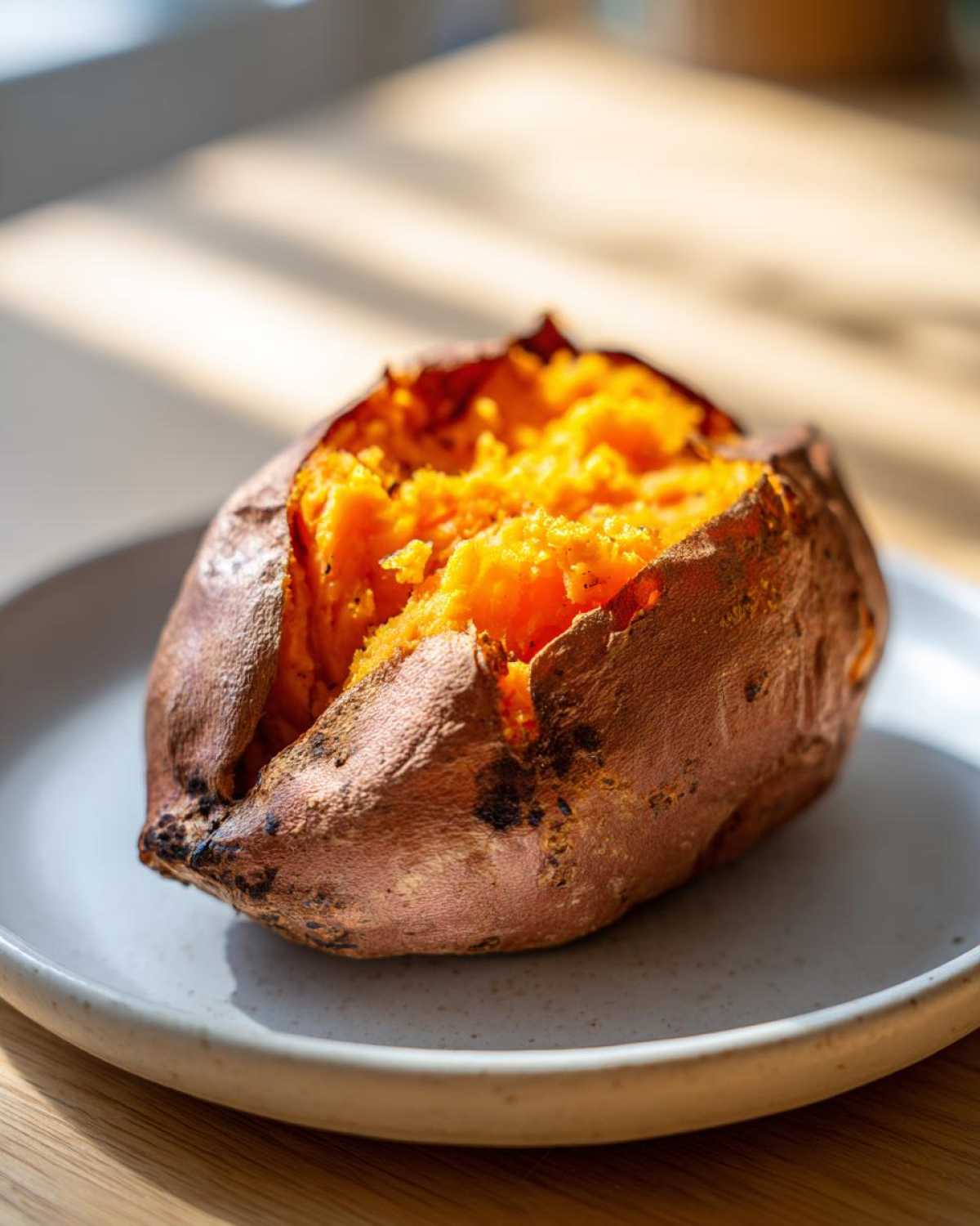 A close-up of a fluffy, bright orange baked sweet potatoes split open on a light gray plate.