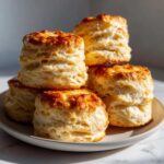 A stack of five tall, fluffy buttermilk biscuits with perfectly browned, glossy tops resting on a light plate.