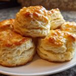 A stack of fluffy, golden-brown buttermilk biscuits piled on a white plate.