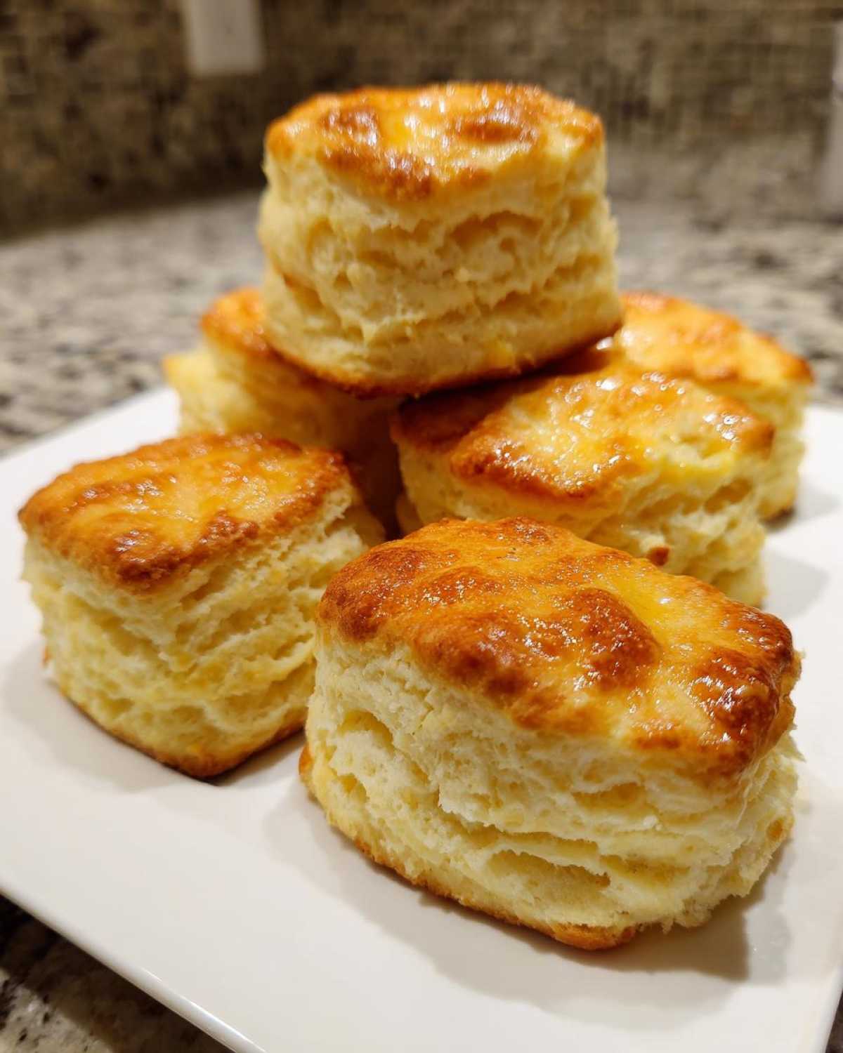 A close-up of several tall, flaky buttermilk biscuits stacked on a white plate with golden brown tops.