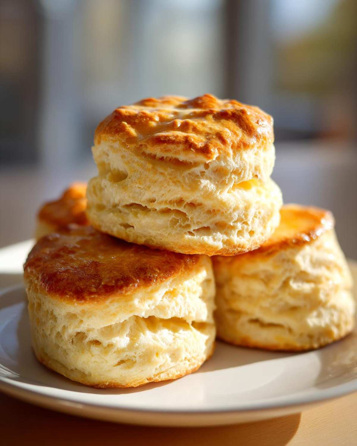 A close-up stack of four golden-brown, flaky buttermilk biscuits resting on a white plate.