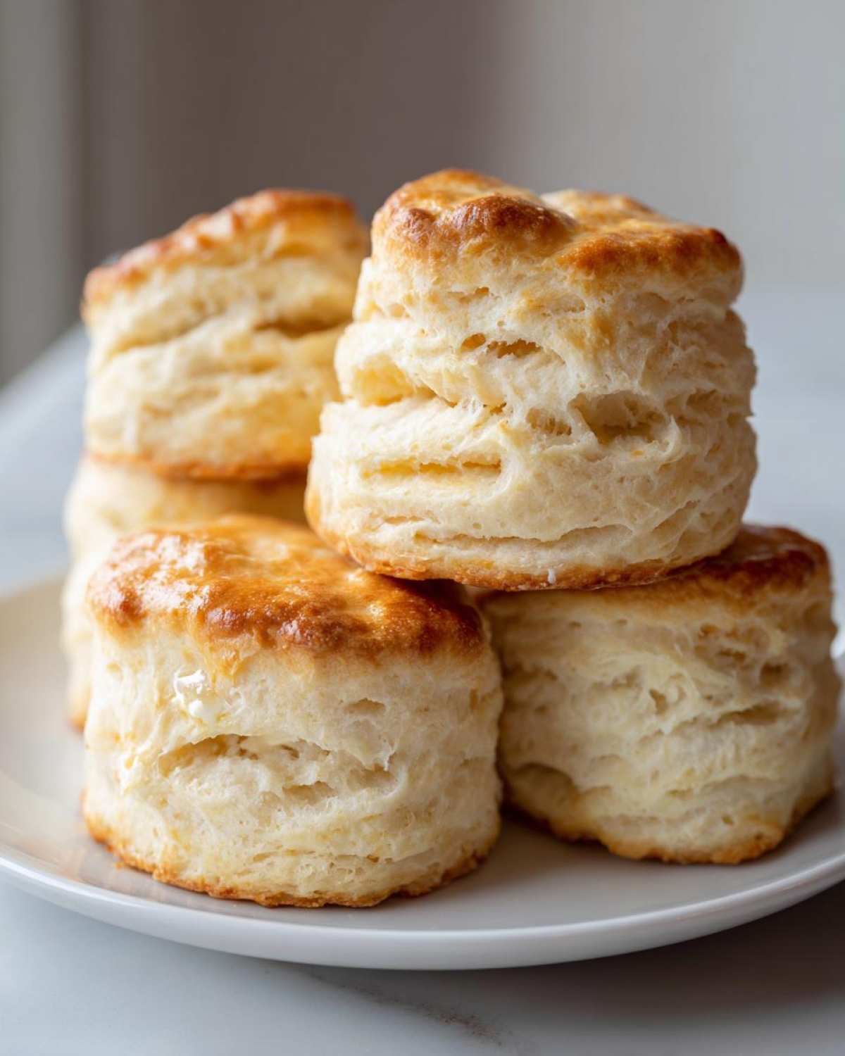 A close-up stack of four golden-brown, fluffy buttermilk biscuits resting on a white plate.