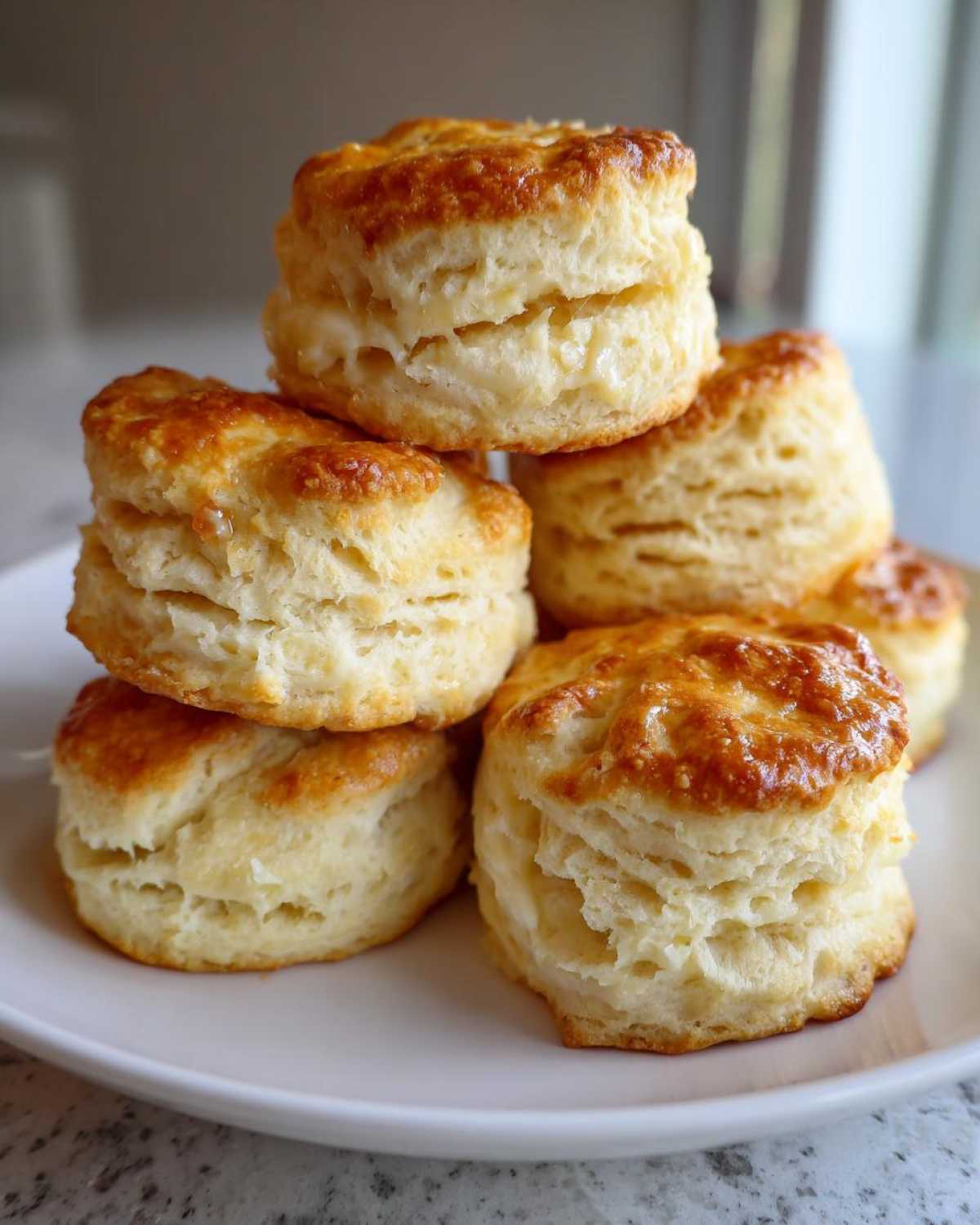 A stack of six tall, fluffy buttermilk biscuits with golden brown tops resting on a white plate.