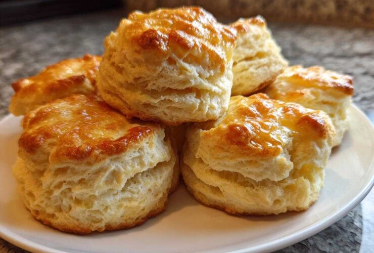 A stack of fluffy, golden-brown buttermilk biscuits piled on a white plate.