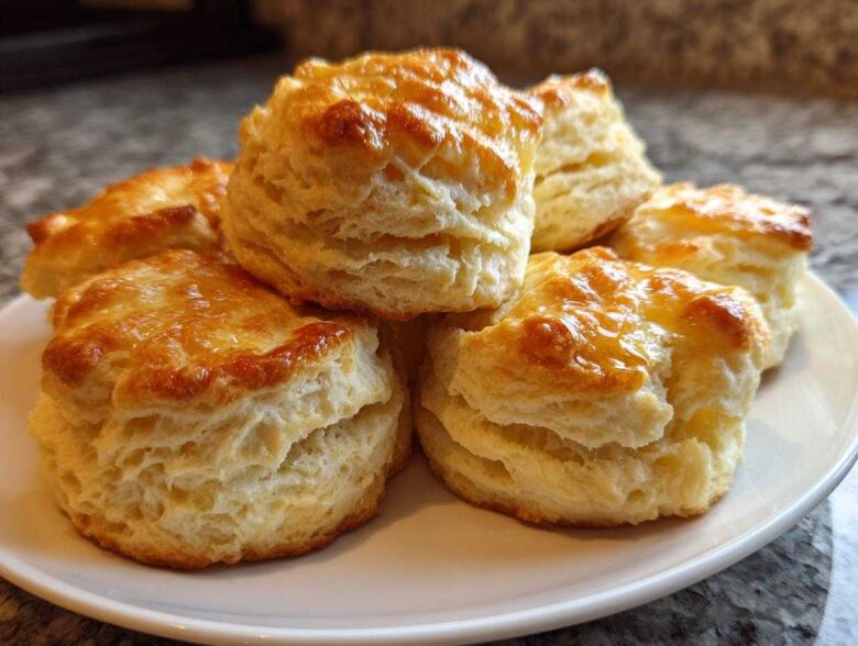 A stack of fluffy, golden-brown buttermilk biscuits piled on a white plate.