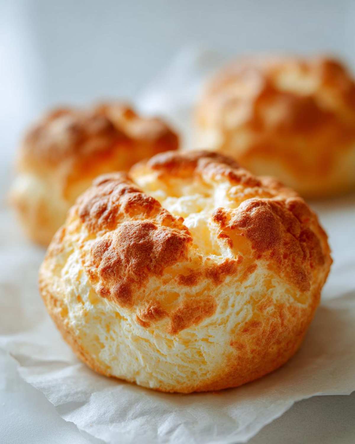 Close-up of a golden-brown, fluffy baked cloud bread puff resting on white parchment paper.