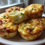A stack of fluffy, golden-brown bacon and cheese egg bites served on a white plate.