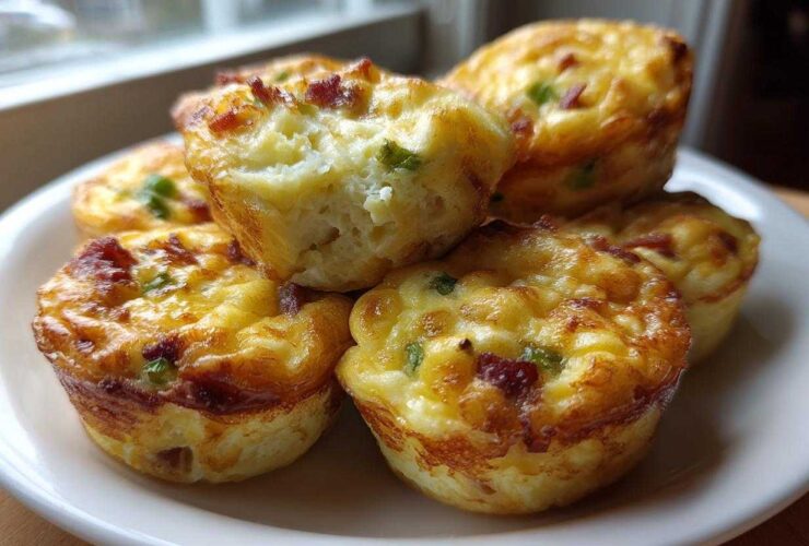 A stack of fluffy, golden-brown bacon and cheese egg bites served on a white plate.