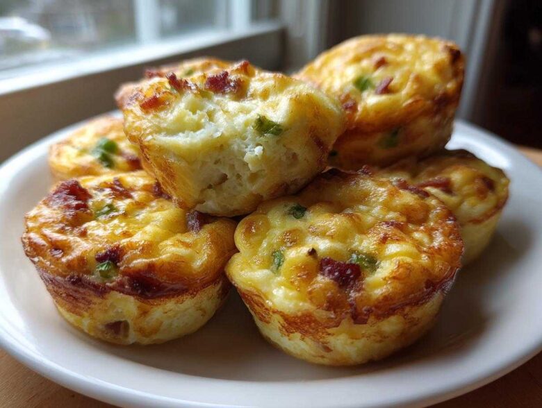 A stack of fluffy, golden-brown bacon and cheese egg bites served on a white plate.