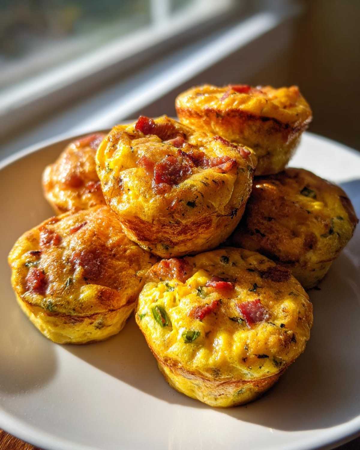A stack of five fluffy, golden-brown egg bites loaded with bacon and green onions on a white plate.