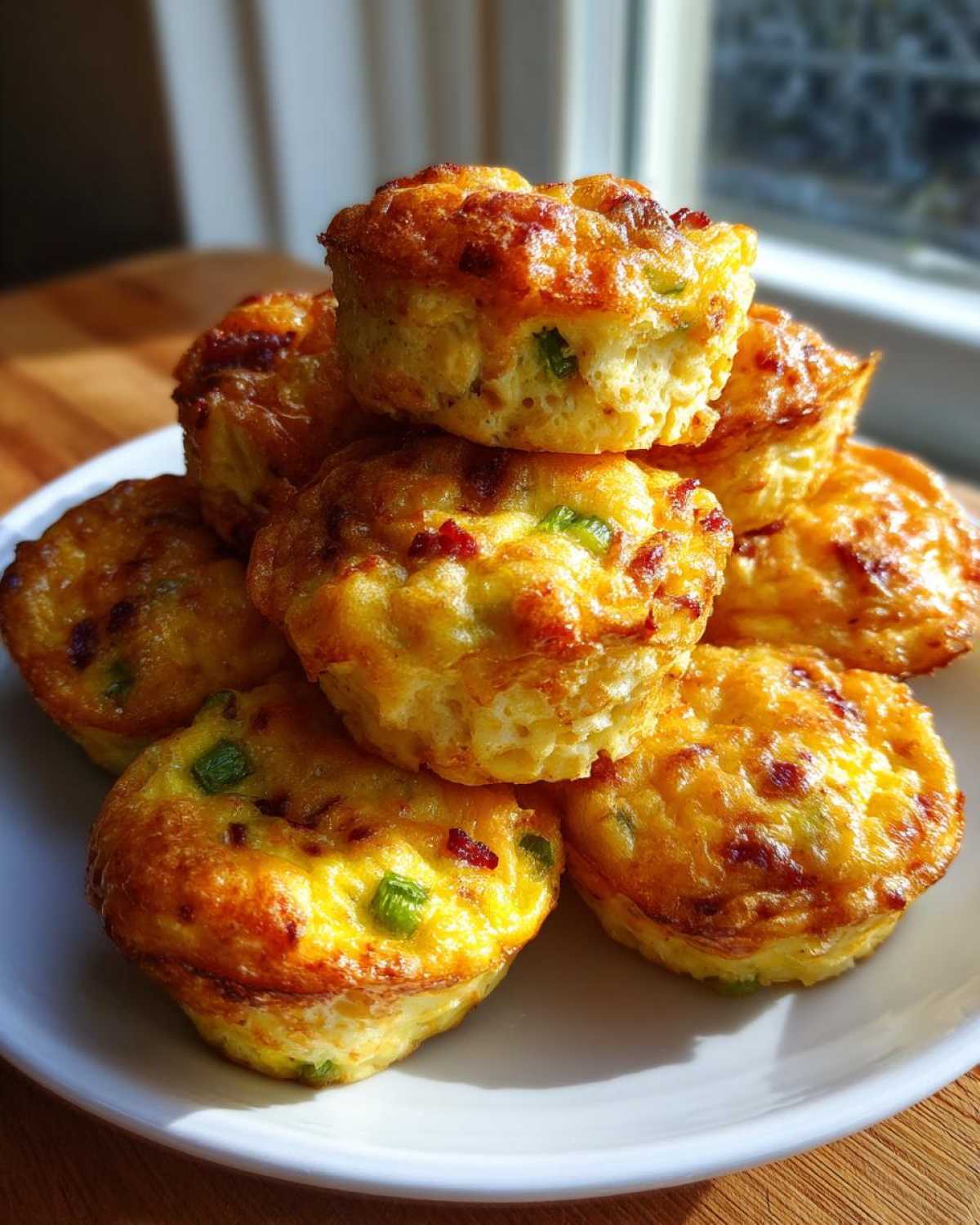 A stack of golden brown, fluffy egg bites made with bacon and green onion on a white plate.