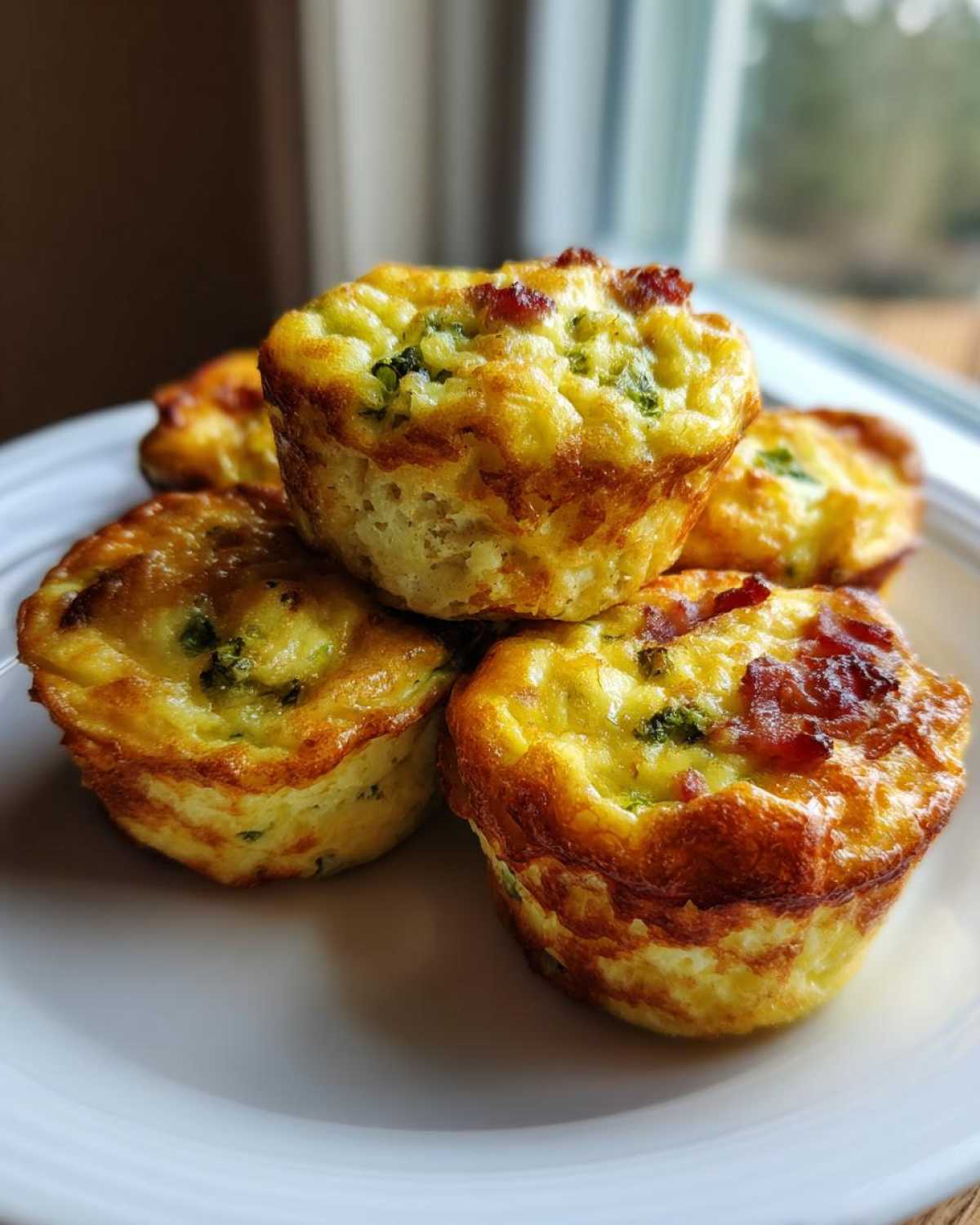 A stack of four fluffy, golden-brown egg bites topped with bacon and green vegetables.
