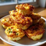 A stack of golden brown, fluffy egg bites with visible bacon and green onion pieces, beautifully lit.