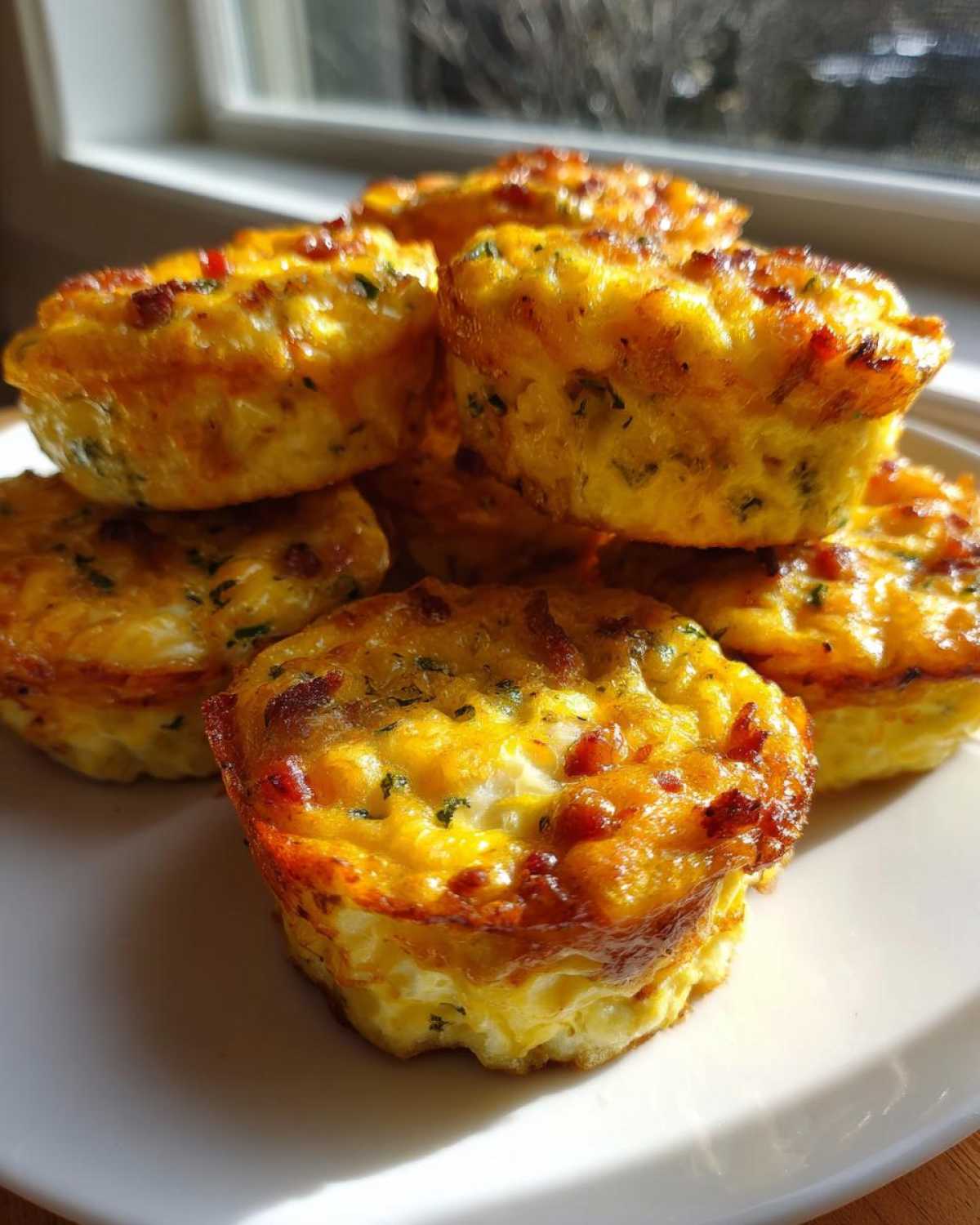 A stack of freshly baked, fluffy egg bites with visible bacon bits and herbs, catching sunlight.