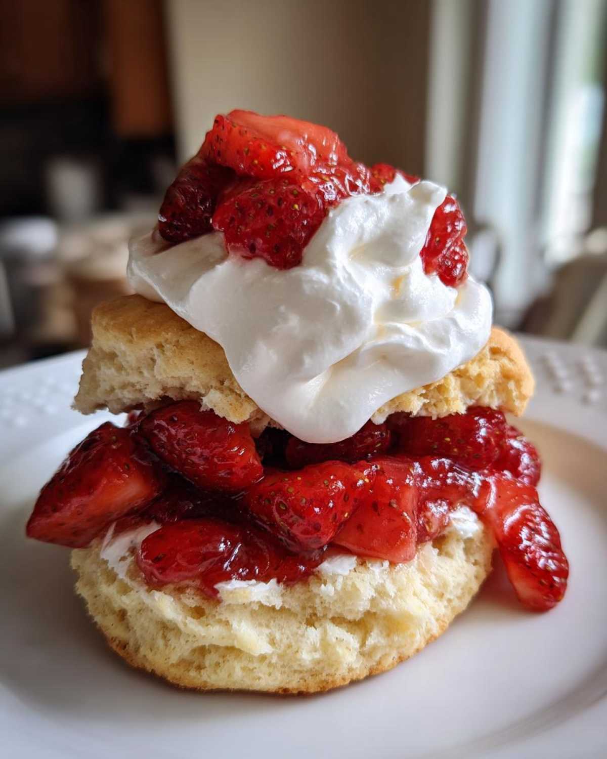 Close-up of a fluffy shortcake split and filled with macerated strawberries and topped with whipped cream.