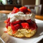 Close-up of a fluffy shortcake layered with macerated strawberries and topped with whipped cream.