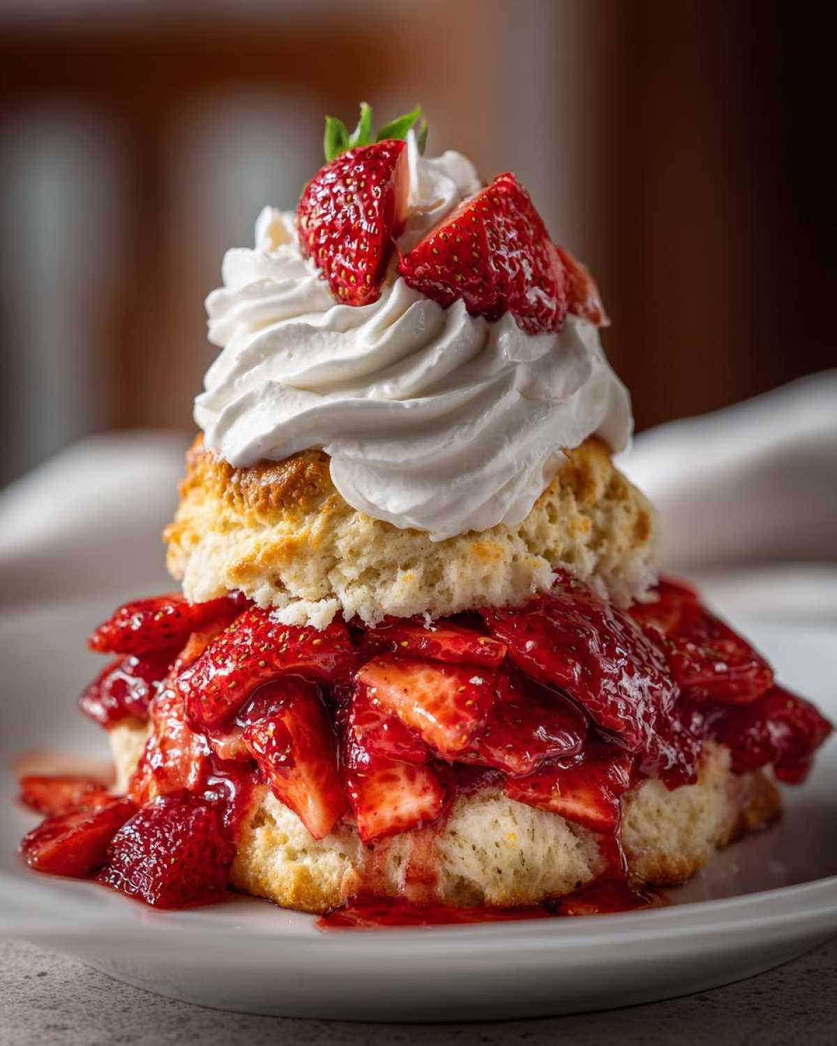 Close-up of a fluffy shortcake split open, layered with macerated strawberries and topped with whipped cream and fresh strawberry halves.